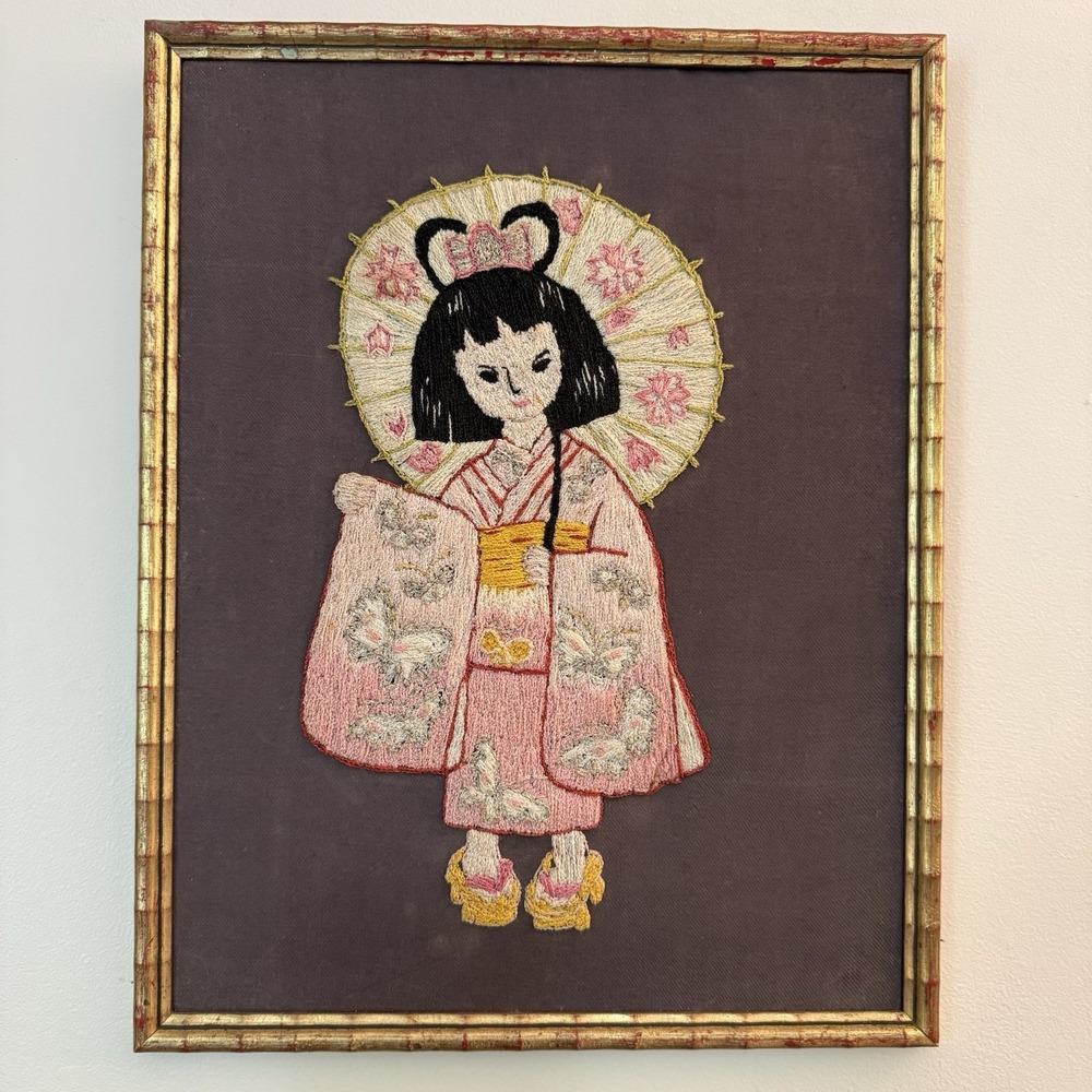 Vintage Japanese Silk Art Geisha Girl Pink Kimono Bunka Embroidery Gold Frame